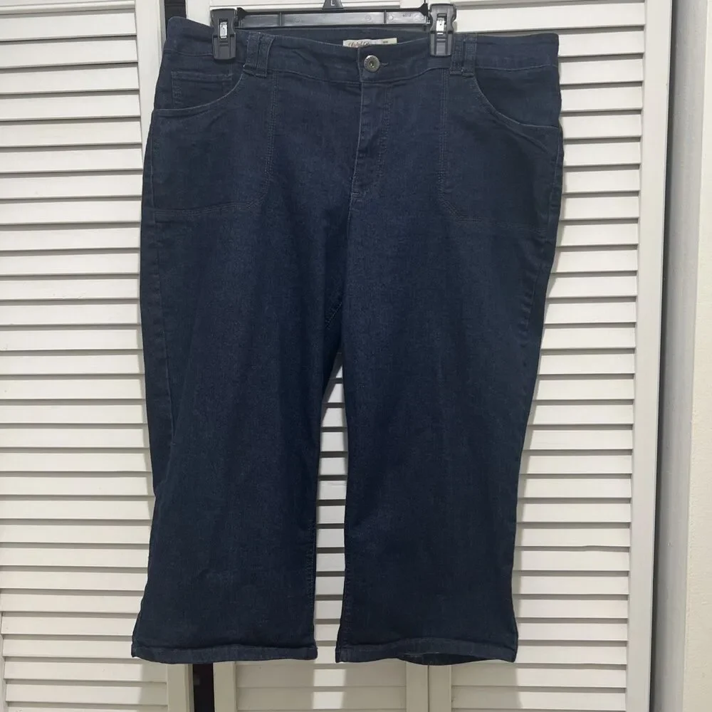Faded Glory Capri Stretch Mid Rise Denim Jeans Womens 18 Dark Wash Blue